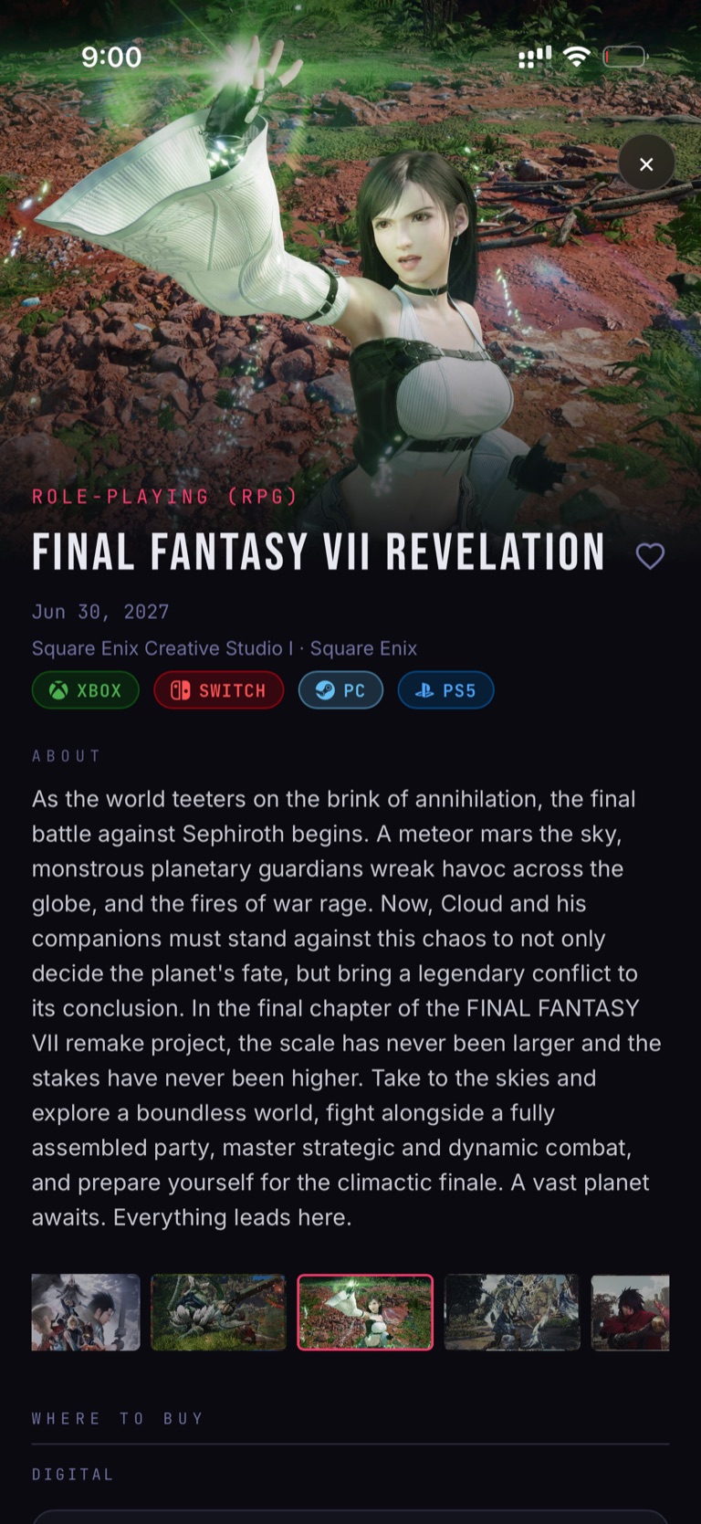 Final Fantasy VII Revelation game page in pikmi