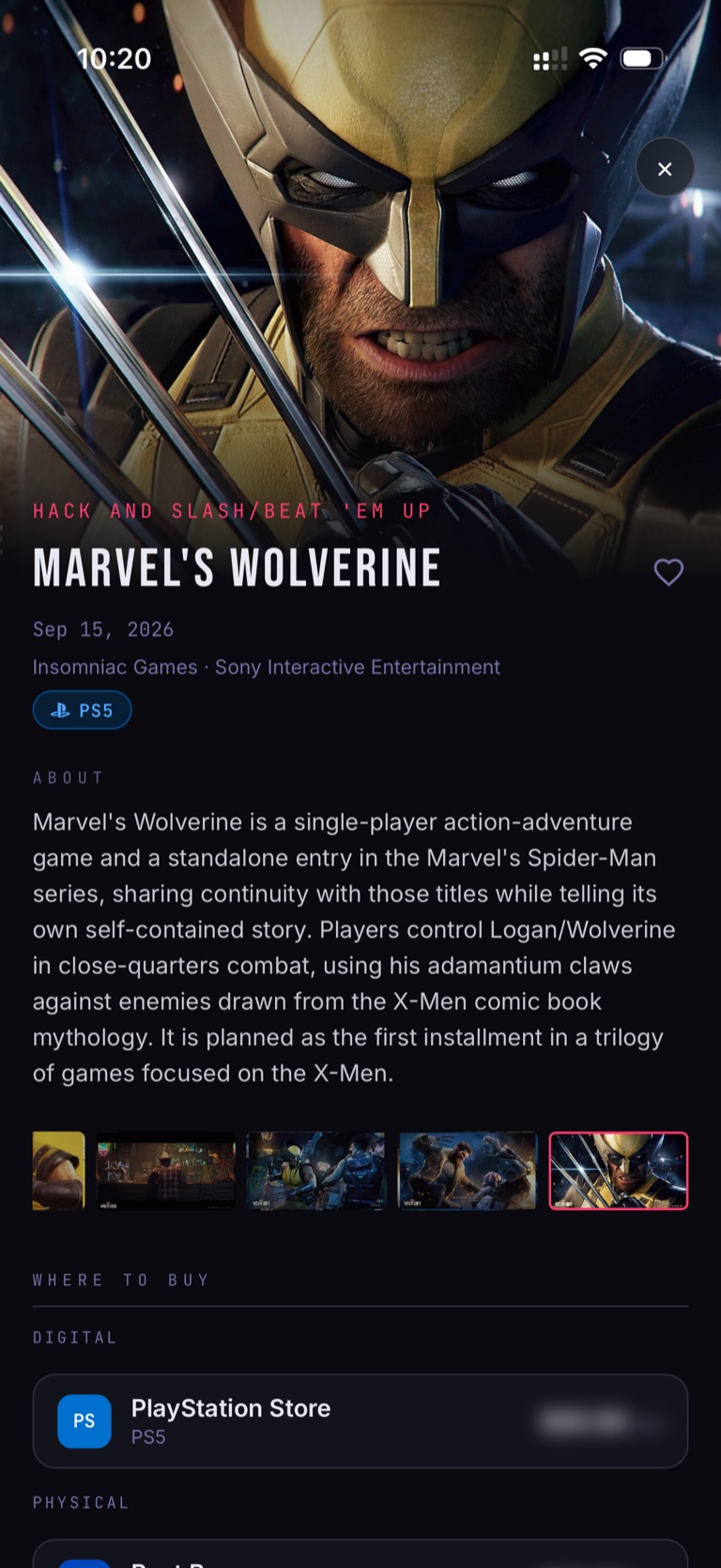Marvel's Wolverine game page in pikmi